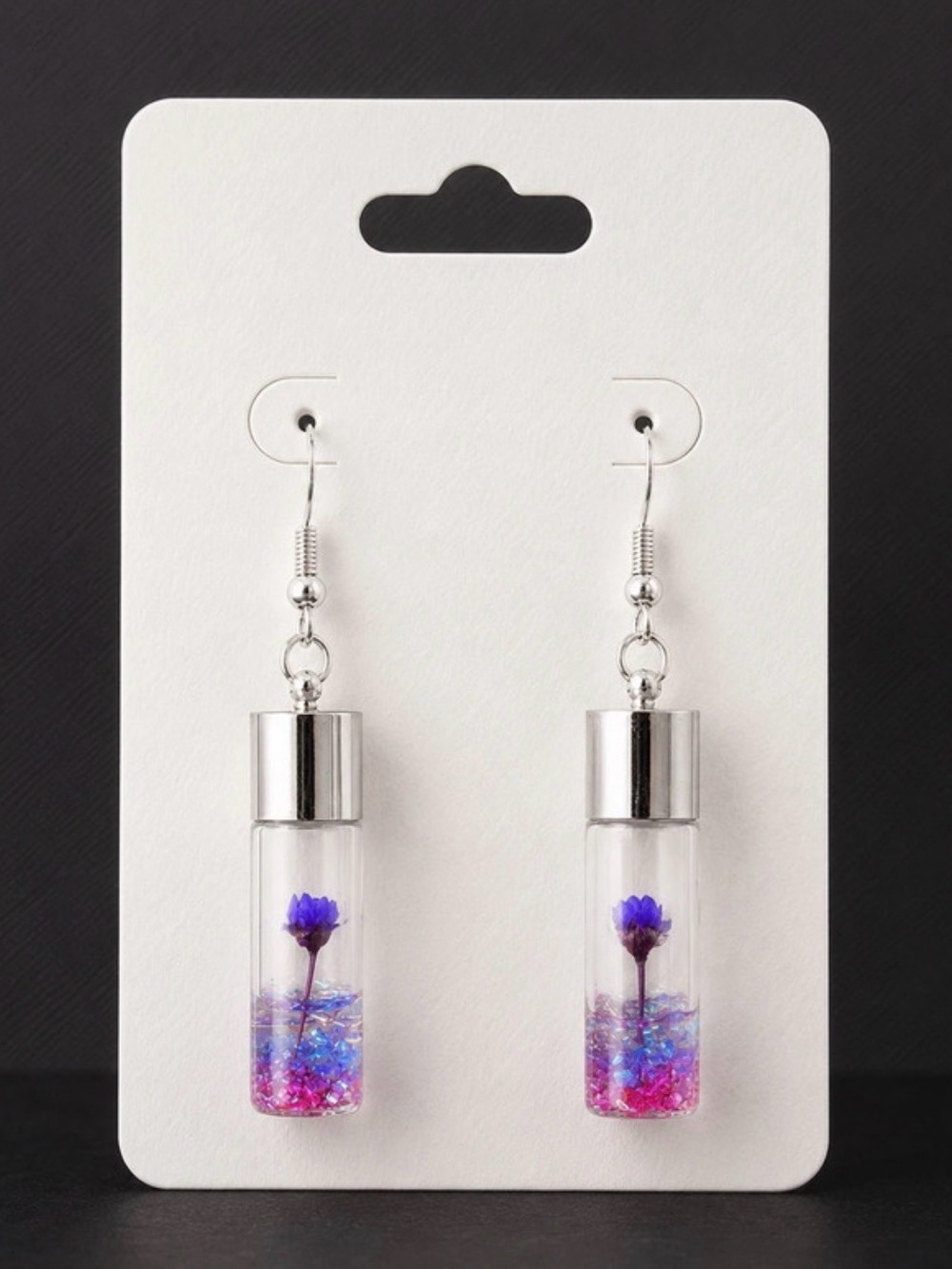Clear Glass Vial Drop Earrings with Purple Flower - Women Jewelry